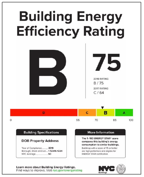 NYC LL33/95 building energy efficiency grade label sample