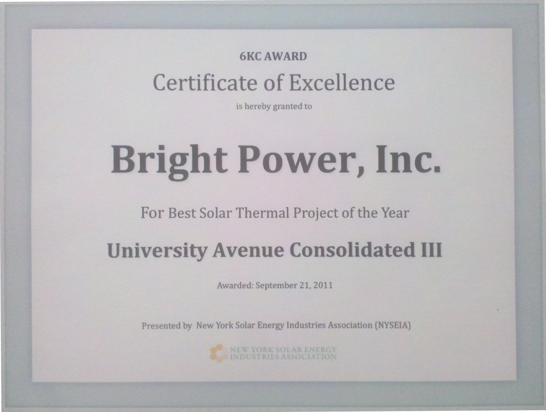 Award from NYSEIA for 2011 Best Solar Thermal Installation